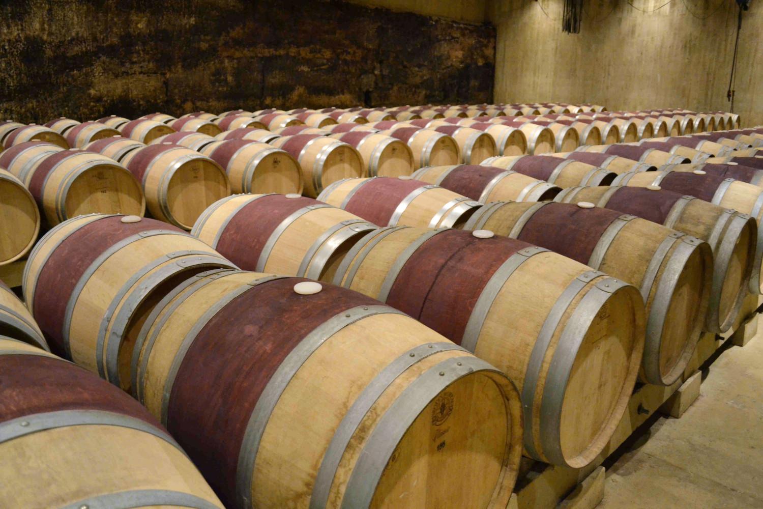 Oak barrels in a winery in Rioja, Spain
