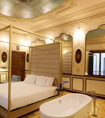 Romantic bedroom at Axel hotel in Madrid