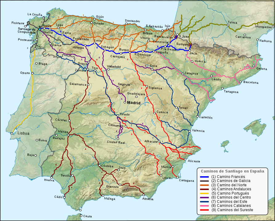 Map with the routes of Camino de Santiago