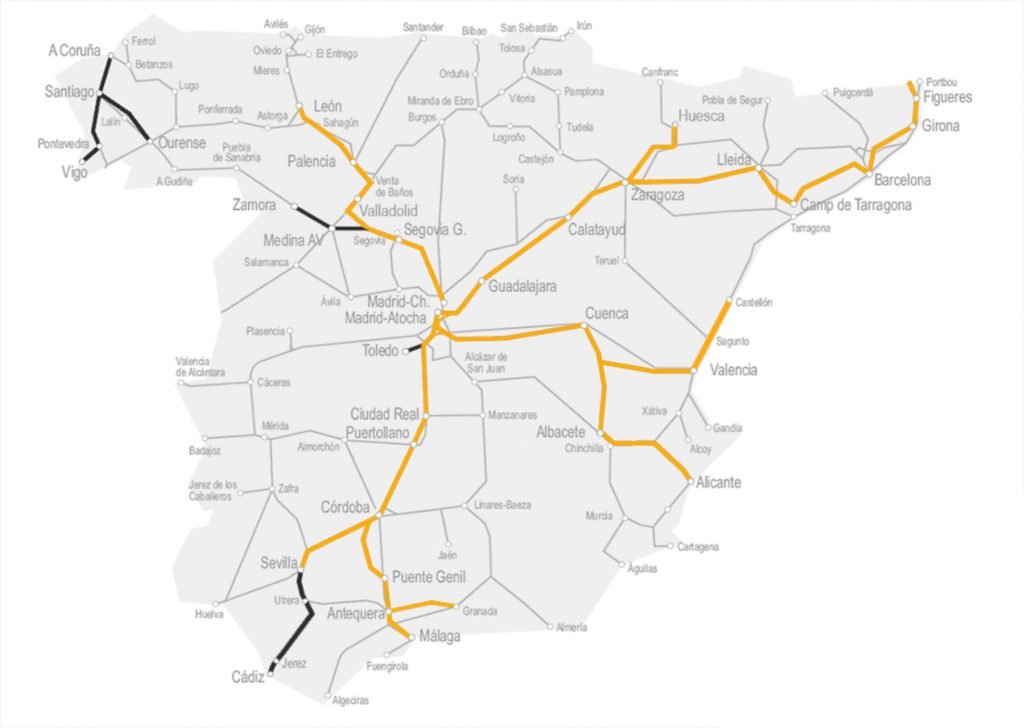 Map with Ace train connections in Spain