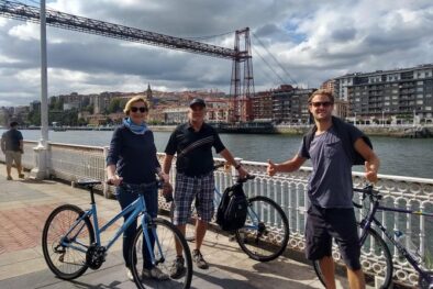 Group of tourists enjoying a bike and pintxo tour in Getxo, Bilbao