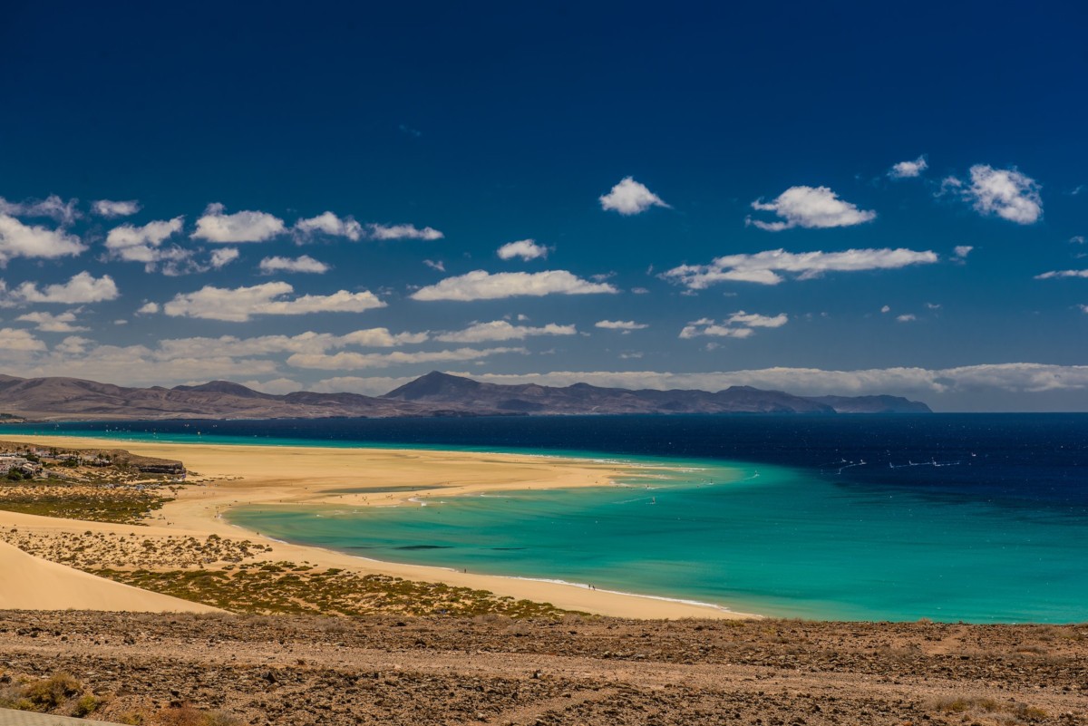 Beach and green and blue water in Fuerteventura