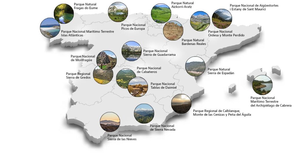 Map with natural parks in Spain