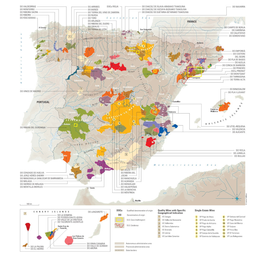 Map with wine regions in Spain